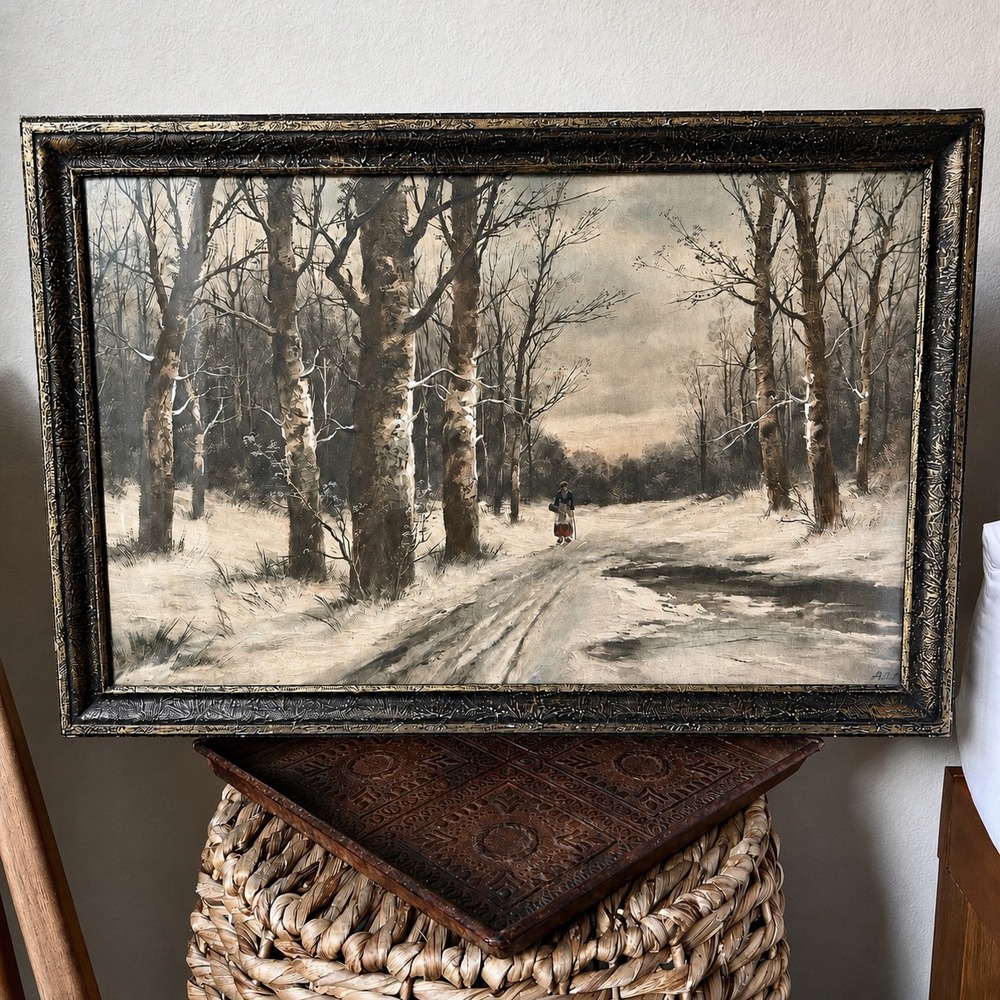 VTG  Winter Landscape Print Snow Forest Path Ornate Gold Black Frame 16x24